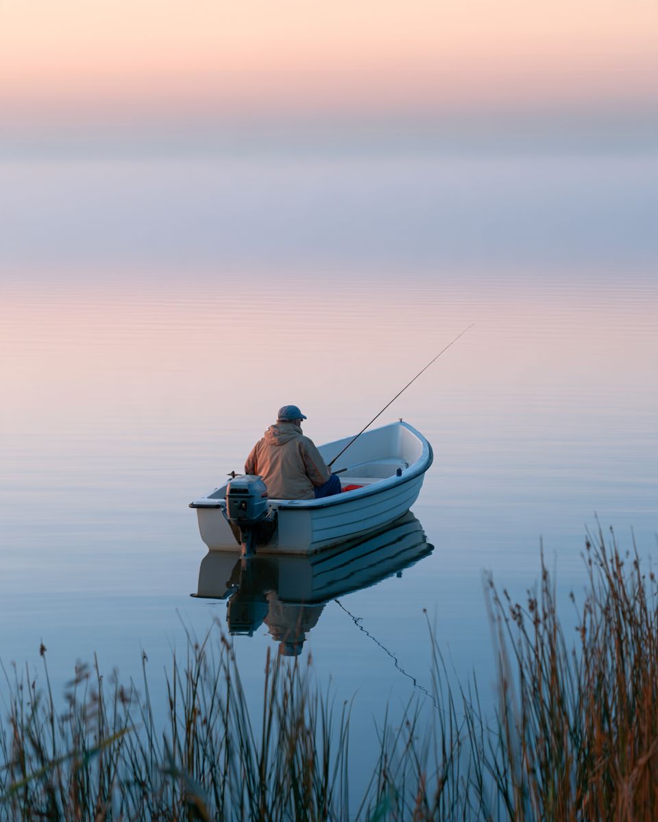 Angler im Ruderboot auf dem Bodden im Morgenlicht